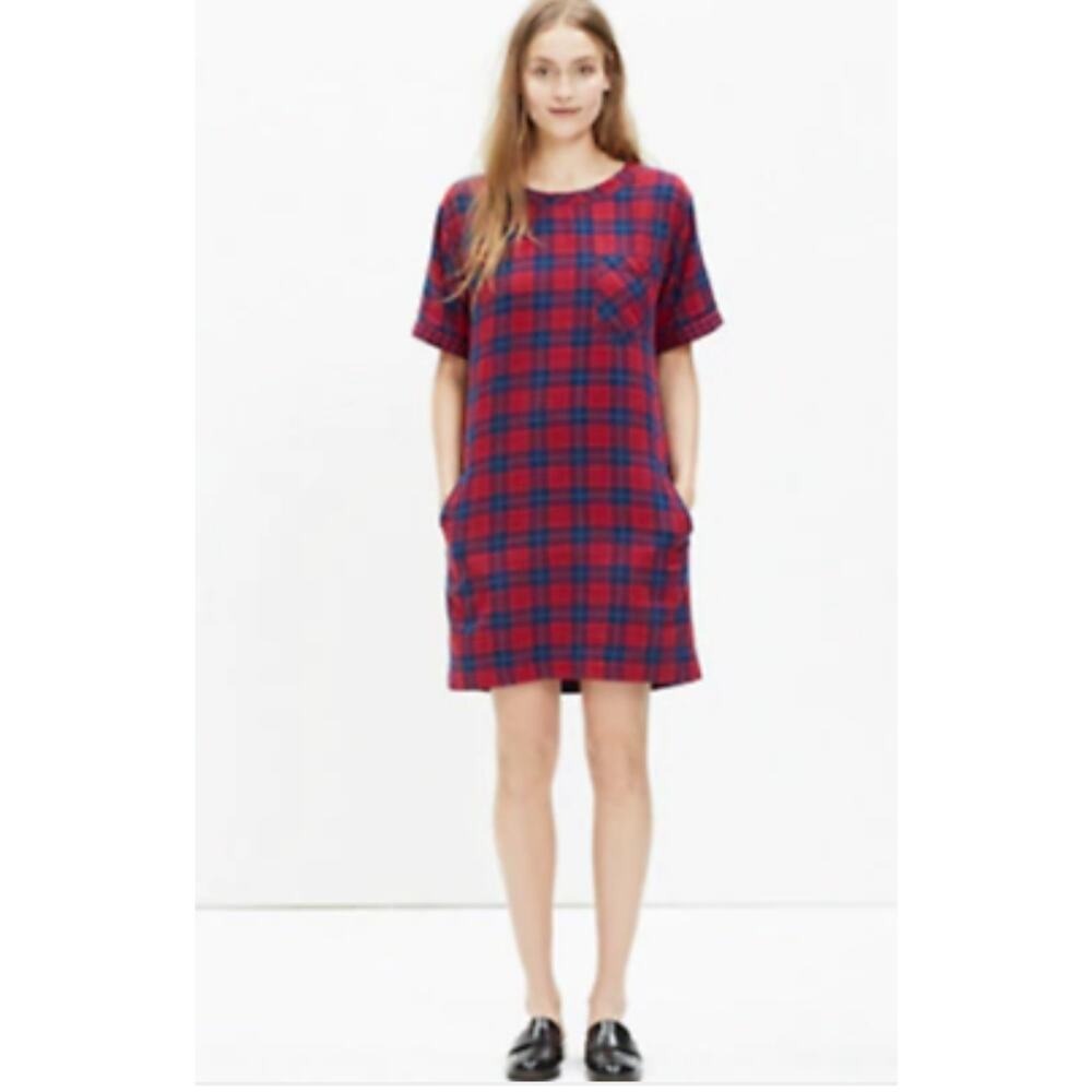 Madewell Plaid Tunic Shirt Dress Red‎ Blue Short Sleeve Pockets XXS